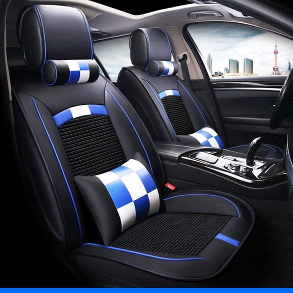 Maidao Car Seat Covers Leather Full Set Airbag Compatible Waterproof Front Rear Cushion Protector Black and Blue