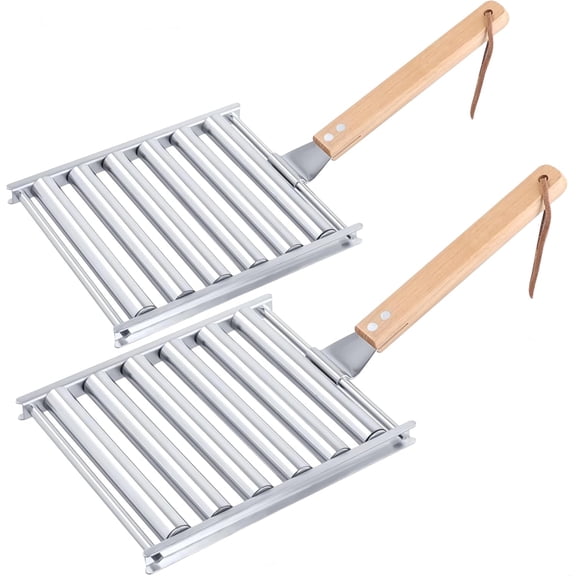 2Pcs Hot Dog Roller for Grill, Stainless Steel Sausage Roller Rack with Extra Long Wood Handle, BBQ Hot Dog Griller for Evenly Cooked Hot Dogs, 10 Hot Dog Capacity, 6.5 x 5.5 Inch