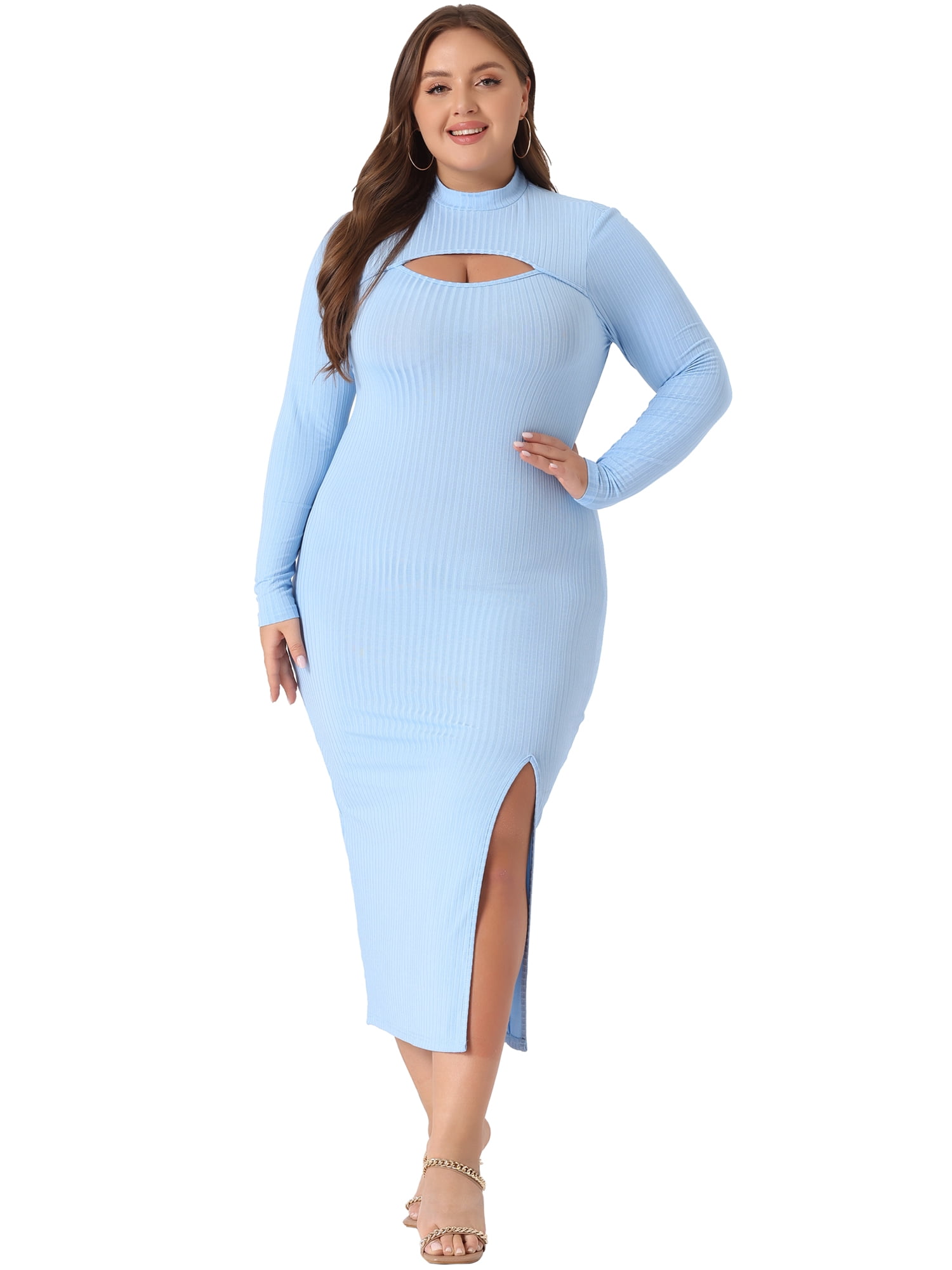 Unique Bargains Women's Plus Size Bodycon Dress Knee Slim Cut Out Dresses 2X Blue