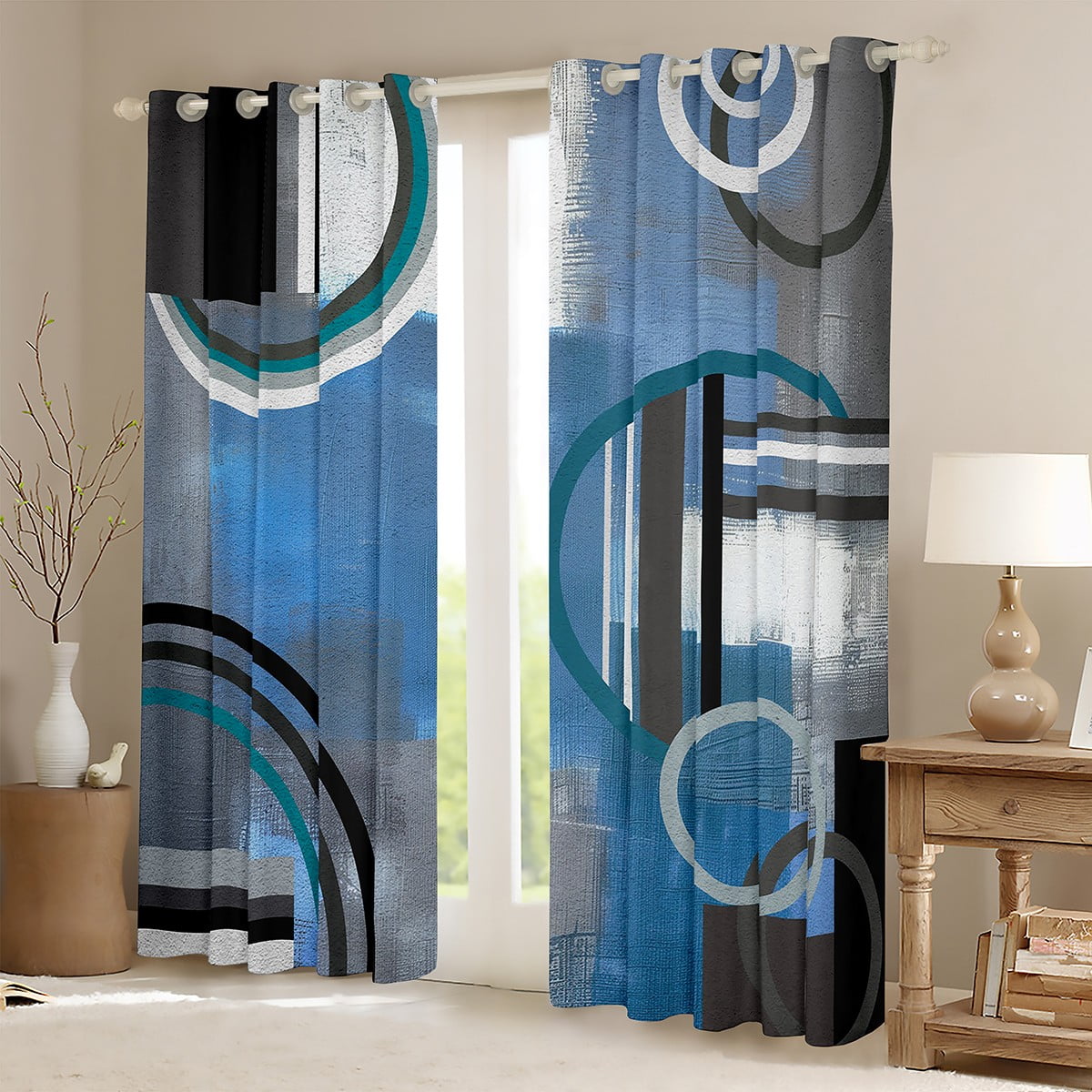 Blue Black Gray 30%-50% Blackout Curtains,Ombre Watercolor Geometry Curtains,Geometric Stripe Circles Window Curtains & Drapes,Oil Painting Window Treatments,Modern Artwork Darkening Curtains 42"X63"