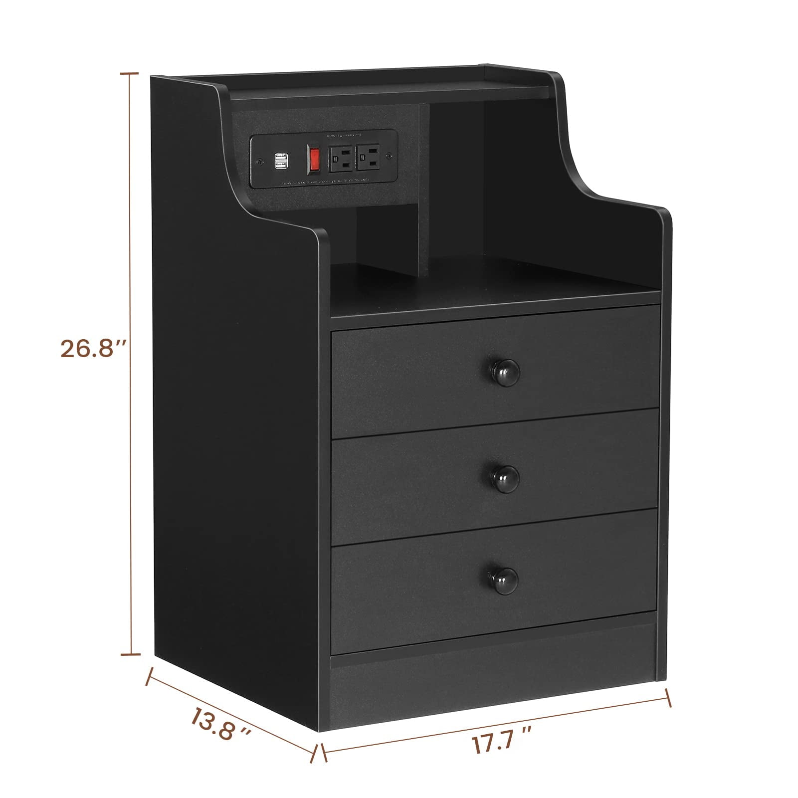 Afuhokles Nightstand Set of 2 with Charging Station, Bedside Table with Hutch and Storage Drawers, Black