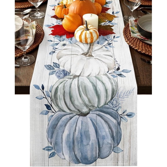 Fall Table Runner Blue Pumpkin Table Runners Harvest Thanksgiving White Blue Pumpkins Wooden Cotton Linen Dresser Scarf Kitchen Dining Table Decor for Autumn Holiday Party Coffee 13.8x71 Inch
