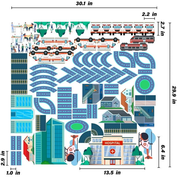 THE CITY - Build A Hospital Scene DIY Kids Bedroom Design Vinyl Decoration Adhesive Wall Decal Sheet - Removable Home Living Room City Hospital Design Multicolored Wall Decor Sticker 30.1" x 29.9"