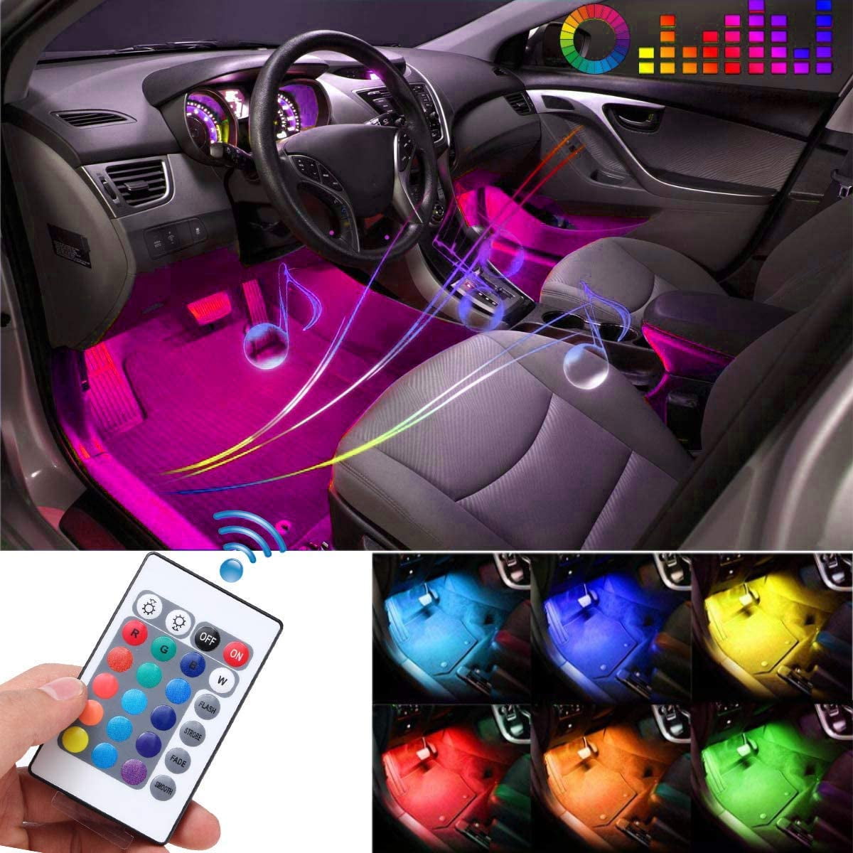 DC 12V Car Charger Included Car LED Strip Light SIZZLEAUTO 4pcs 36 LED Multicolor Music Car Interior Lights Under Dash Lighting Waterproof Kit with Sound Active Function and Wireless Remote Control 