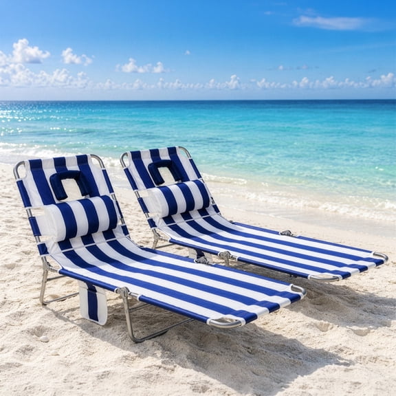 SUNSPIRE 2 Pack Folding Beach Lounge Chair with Face Hole Pillow Side Pocket, Portable Reclining Tanning Sun Lounger for Beach Pool Patio Navy Blue