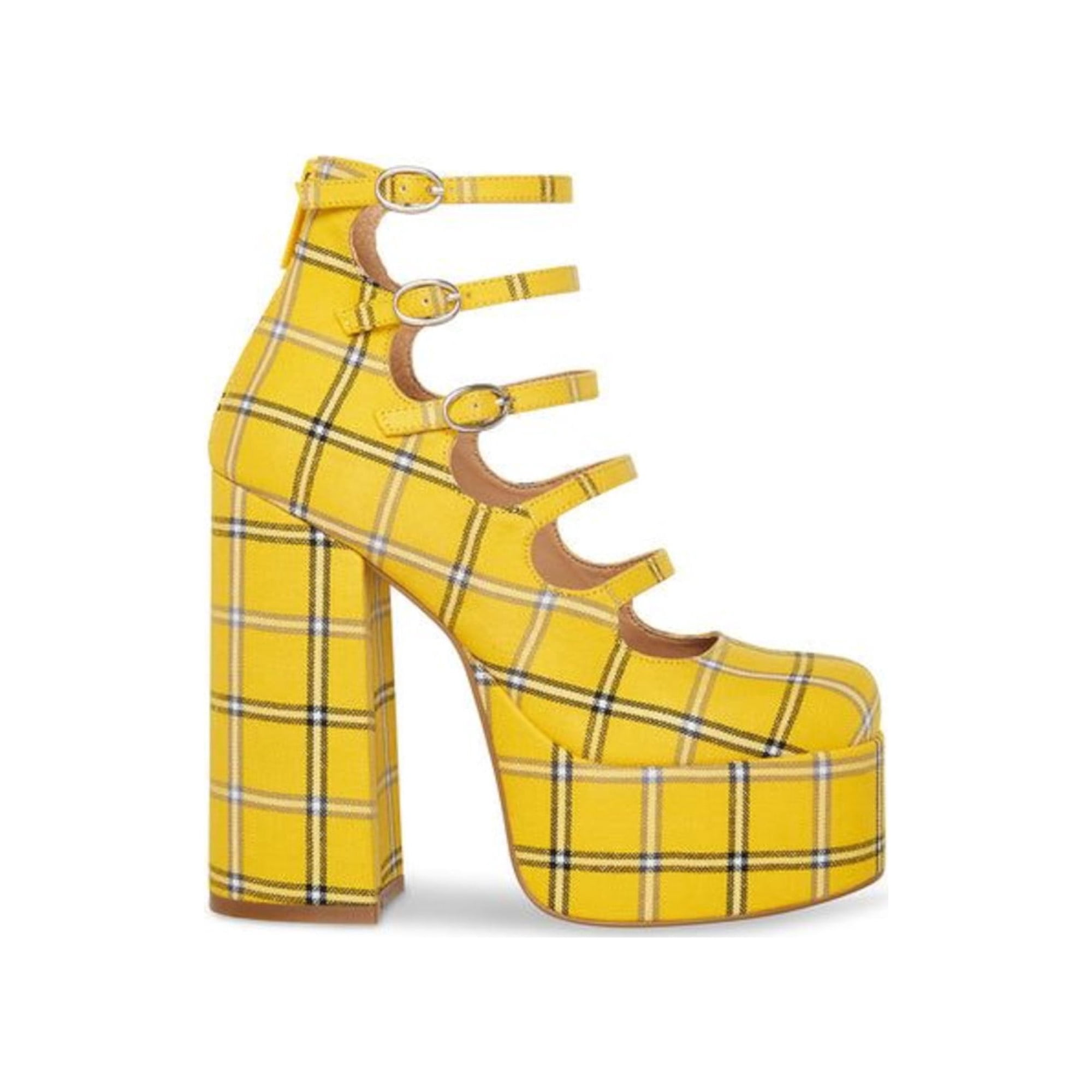 STEVE MADDEN Womens Yellow Plaid 3 Platform Adjustable Round Toe Block Heel Zip Up Dress Pumps Shoes 8.5 M