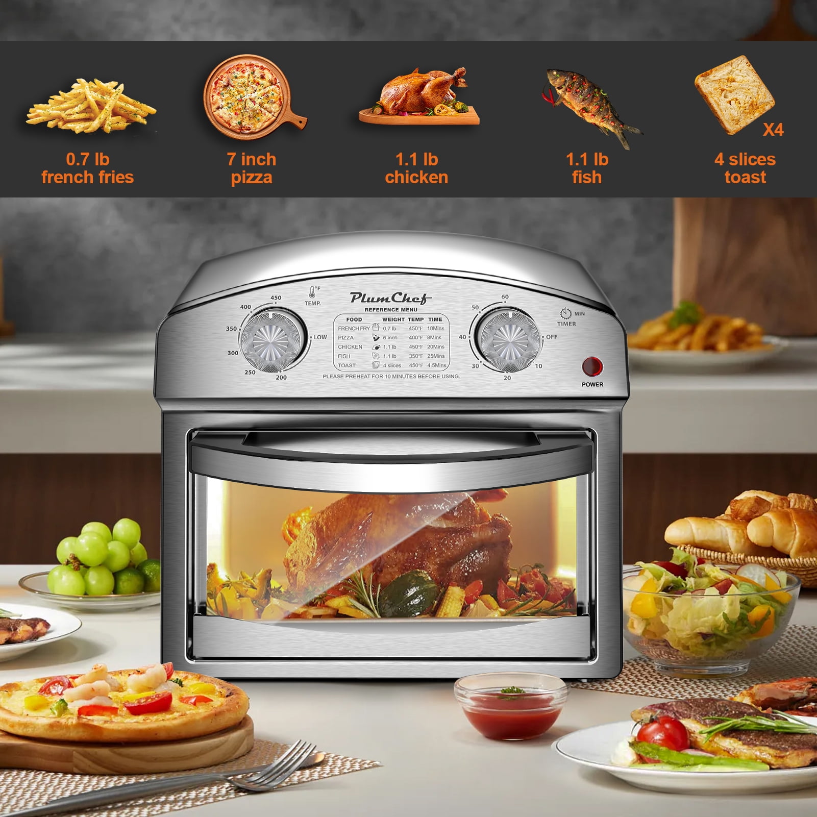 PlumChef 12.5 Quart 4 Slices Air Fryer Convection Toaster Oven, 1500W ,5 Pre-set Menus,  7 in 1 Multifunction with Roast,  Bake, Grill, Broil, Toast, Dehydrate, Defrost, Stainless Steel, Black