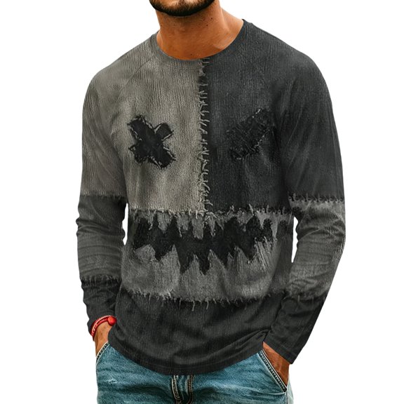 Satingcolo Halloween Patchwork Sweatshirts for Men Spooky Season Colorblock Crew Neck Pumpkin Face Graphic Print Sweatshirt Gray M