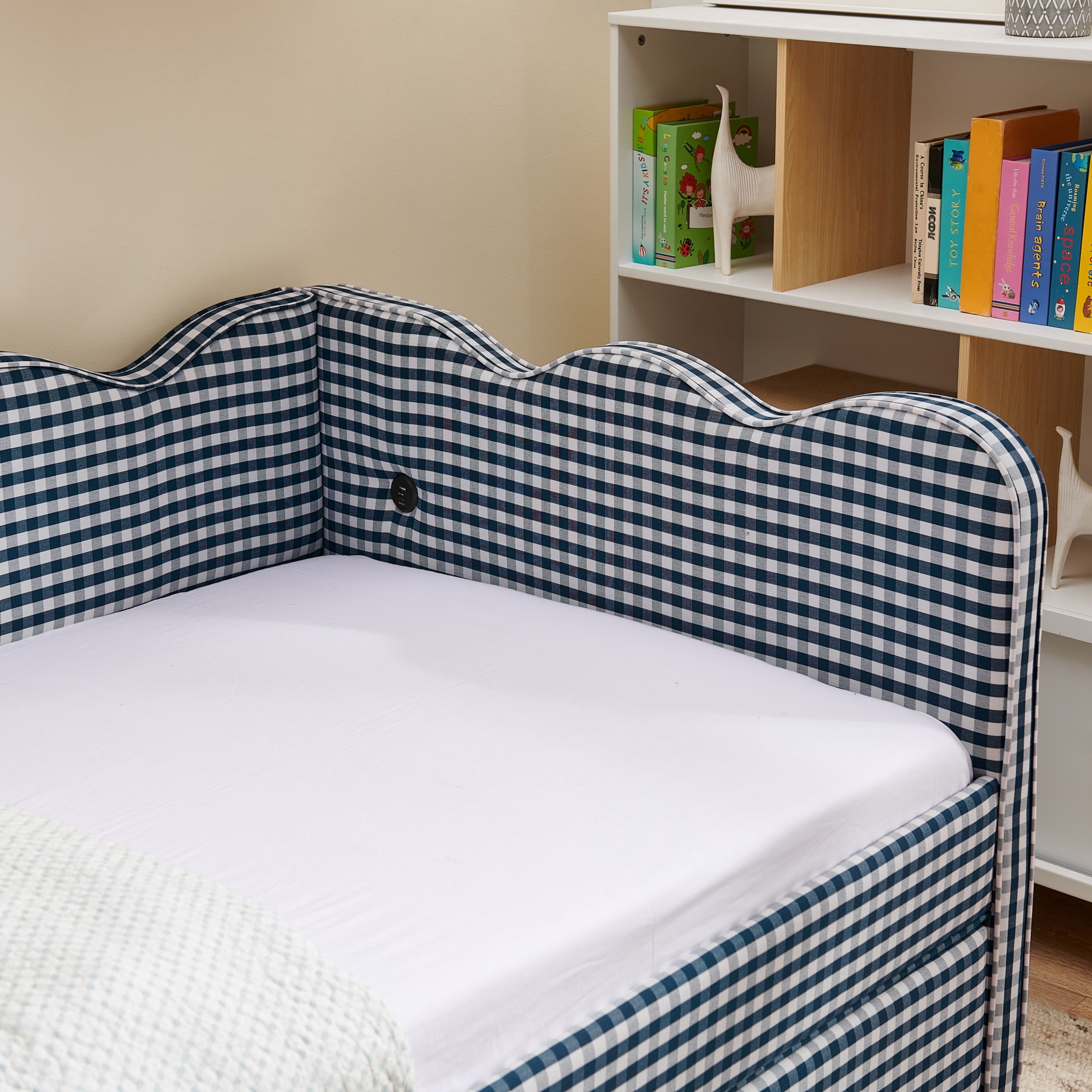 Noble House Corlan Twin Size Waved Daybed, Cozy Gingham Linen Sofa Bed with Storage Drawers and Charging Port, Navy Blue
