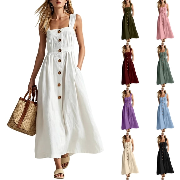 YuXingFu Sundresses for Women Plus Size Mid-Length V-Neck Plus Size Womens Dress Sleeveless Button Casual Summer Black S
