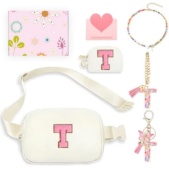 Teen Girl Gifts Trendy Stuff, Monogrammed Fanny Pack for Girl with keychain, necklace, cup charms, greeting card and gift box, Birthday Gifts for 4 5 6 7 8 9 10 11 12 13 Year Old Girls