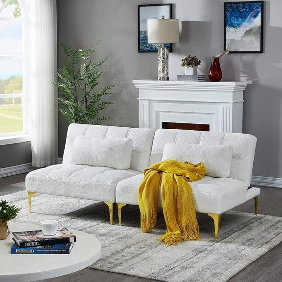 MIDODO Modern Futon Sofa Bed with Toss Pillows, Convertible Folding Sofa Bed with Adjustable Backrest and Golden Legs, 2 Single Sofa Chairs