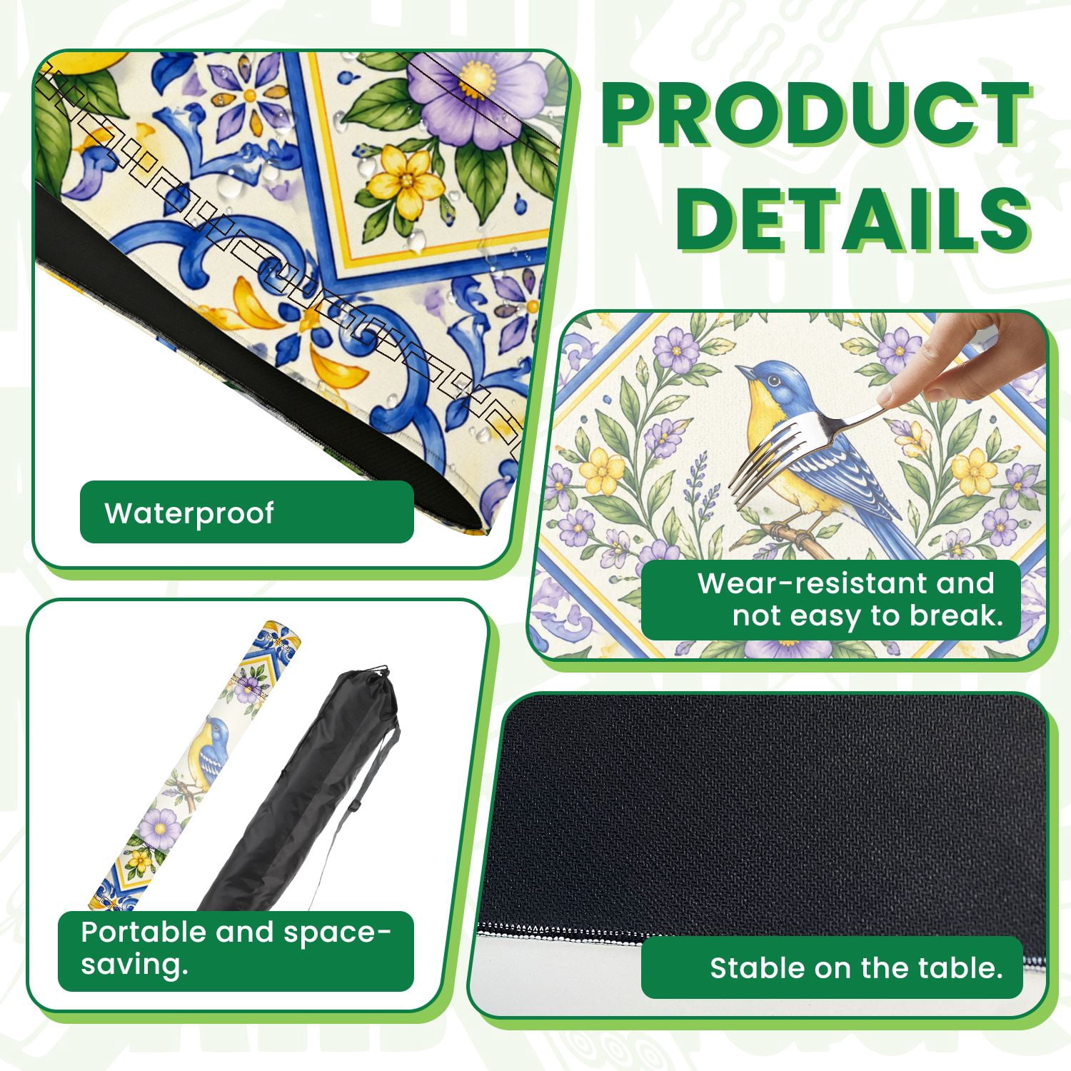 Mahjong Mat 31.5" x 31.5" Blue Yellow Bird Lemon Floral Non-Slip Noise Reduction American Mahjong Tiles Table Cover for Dominoes Poker Card Board Games Gift