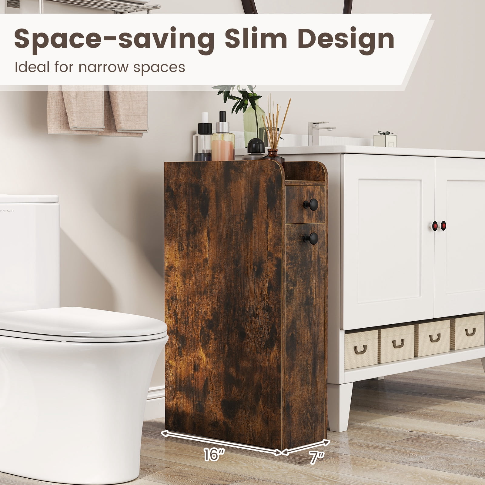 Costway Slim Bathroom Storage Cabinet with Slide Out Drawer Spacious Top Rolling Wheels Rustic Brown