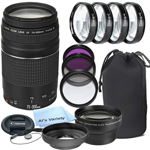 Canon EF 75-300mm f/4-5.6 III Telephoto Zoom Lens for Canon SLR Cameras 3pc Filter Kit 4pc Macro Kit 2.2x Telephoto Lens Lens Hood 14pc Bundle - International Version (International Version)