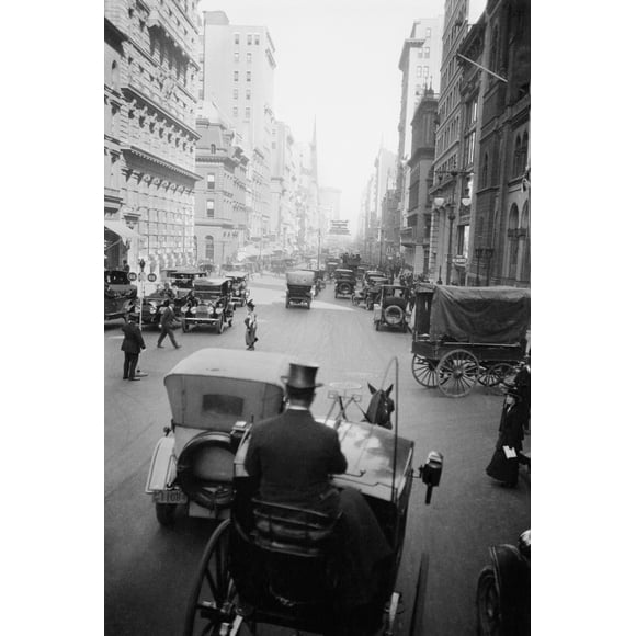 1910s 5Th Ave At 43Rd Looking North Cars Wagons Pedestrians A Hansom Cab And Driver In Top Hat In Foreground New York