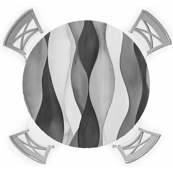 Black Grey Gradient Wave Round Fitted Tablecloth Modern Abstract Ombre Ripple Geometric Elastic Table Cloth Waterproof Oil Proof Table Cover Fits 36"-44" Round Tables for Party Picnic Dinner Decor
