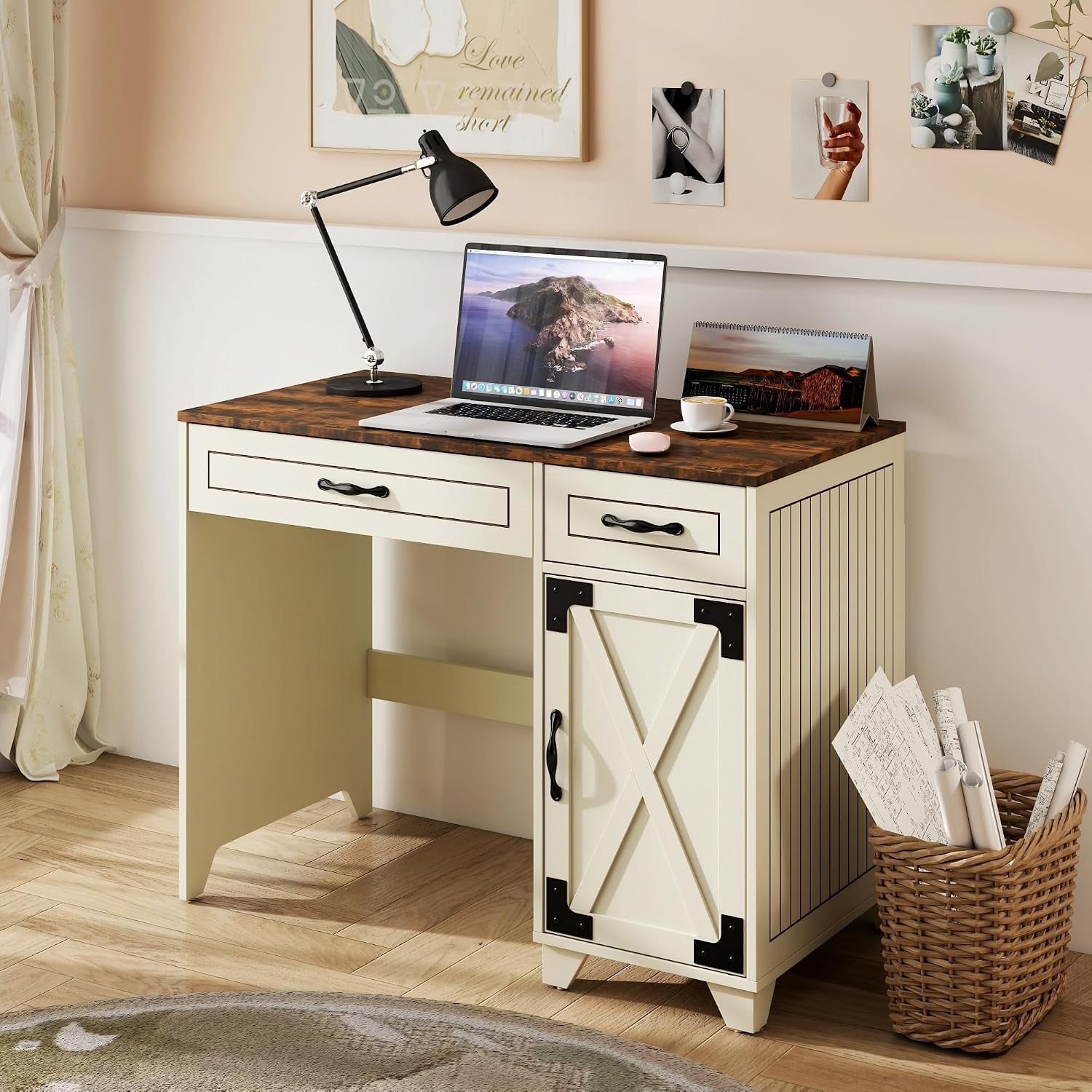 Manora Farmhouse White Writing Desk with Barn Door Storage Cabinet, Rustic Computer Desk with 2 Drawers for Home Office
