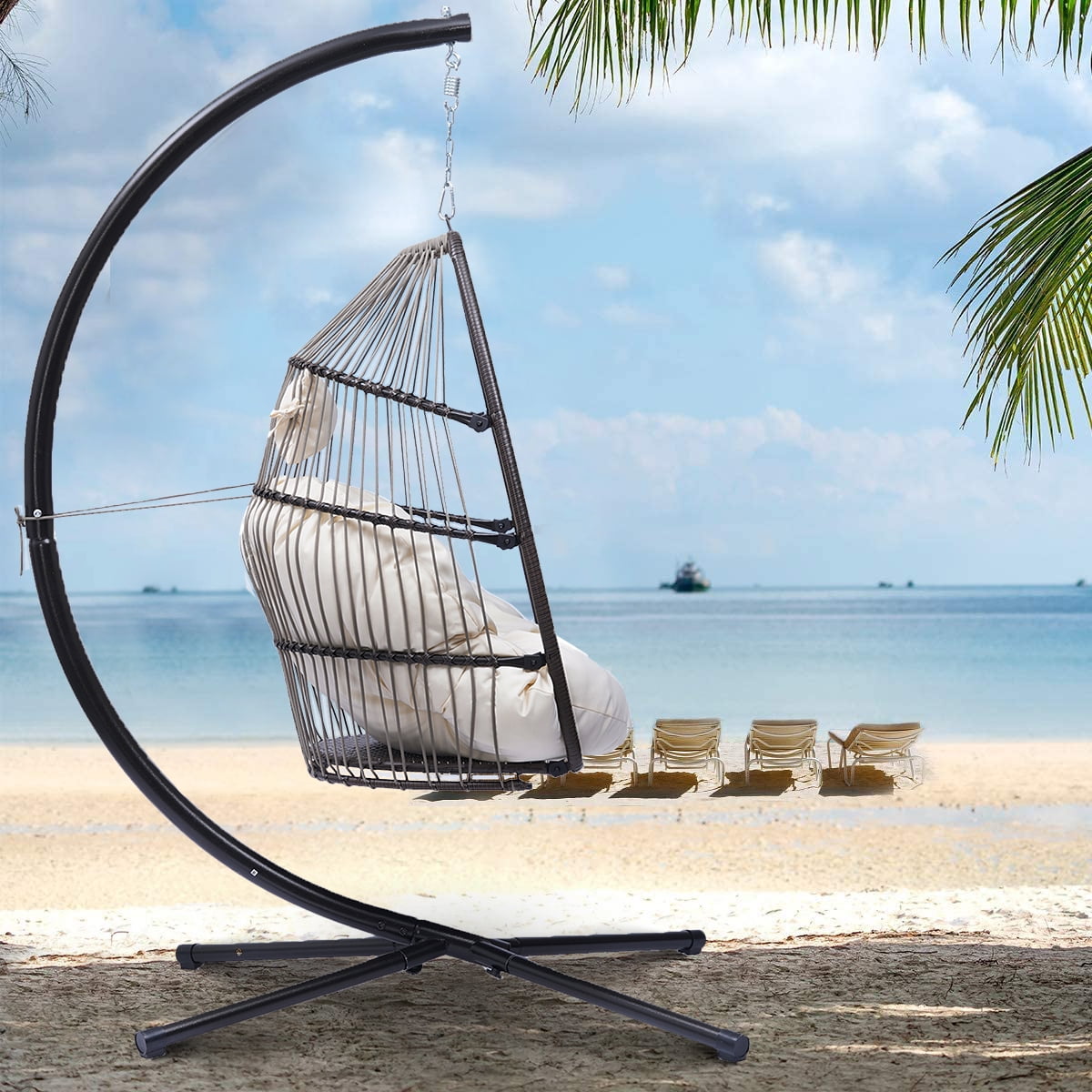 Patio Wicker Swing Chair, BTMWAY Outdoor Rattan Folding Egg Chair with