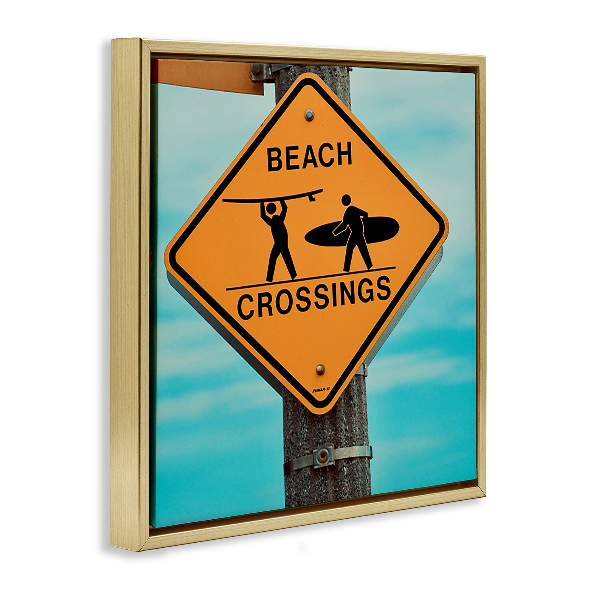 Stupell Industries Beach Crossing Sign Nautical & Beach Photography Gold Floater Framed Canvas Art Print Wall Art, 18 x 18
