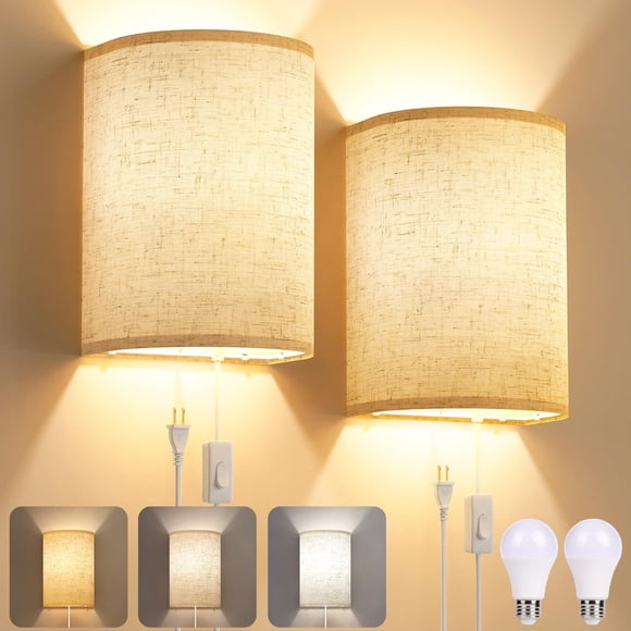 Plug in Wall Sconces Set of Two: Wall Lights with On/Off Switch - Stepless Color Temperature Wall Mount Lamps - Fabric Linen Wall Sconce for Bedroom