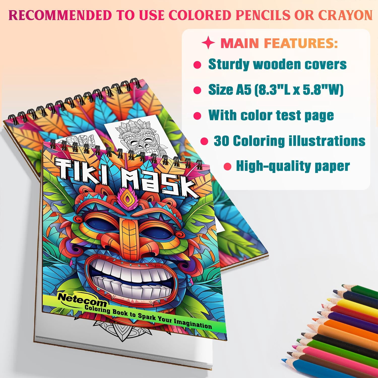 Netecom Tiki Mask Coloring Book Spiral Bound for Adults, A5 Wooden Cover, Spiral Bound, 30 Extraordinary Coloring Pages of Tropical Tiki Mask for Stress Relief and Relaxation