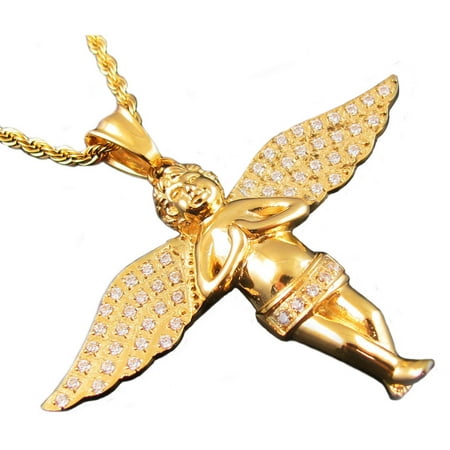 Men's Gold-Plated Stainless Steel CZ Angel Pendant, 24 Rope Chain