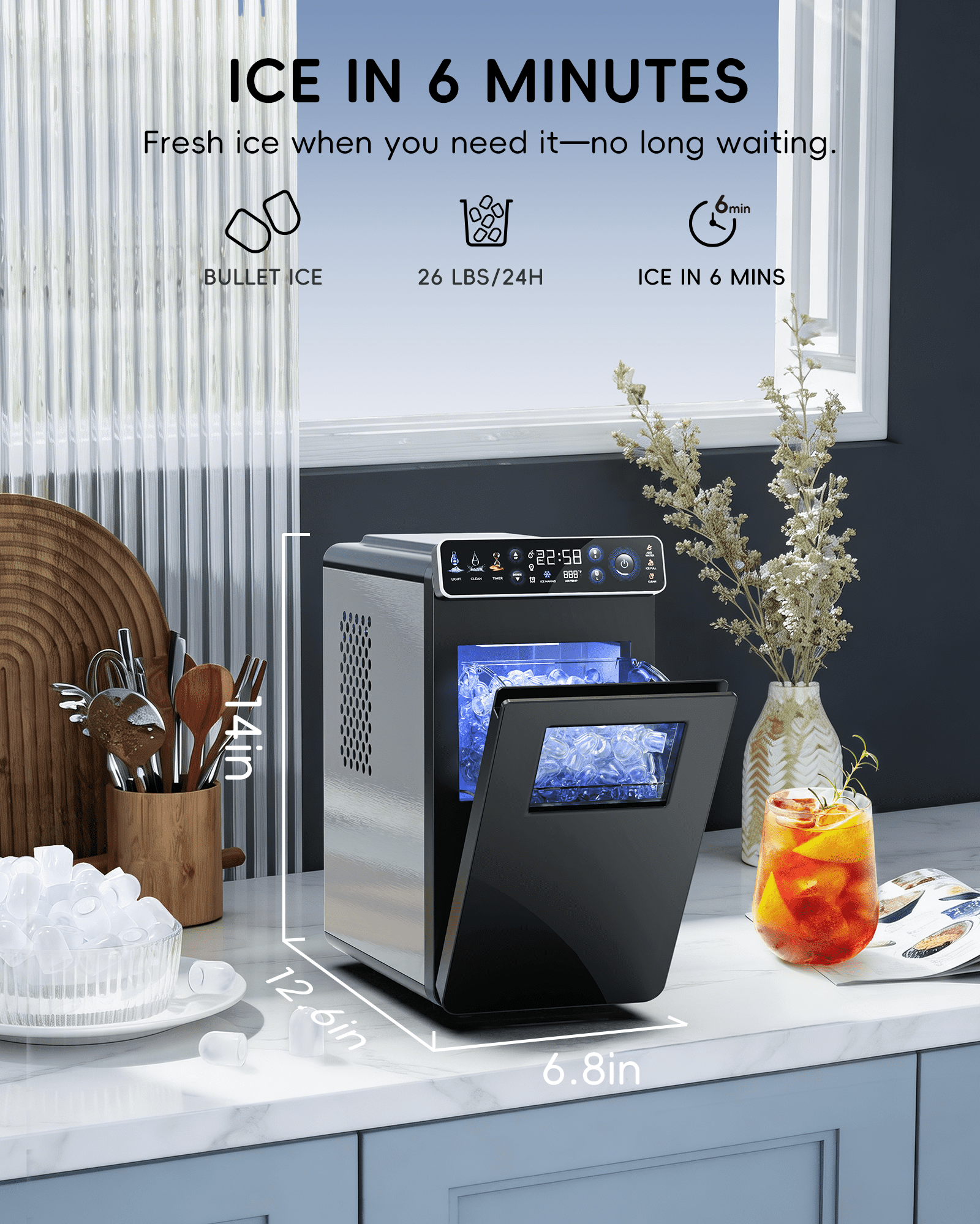 Ecozy Chillio Countertop Ice Maker, Smart Ice Machine with Full-Color Display Panel and Built-in Lighting, Produces 26lbs/24H, Dual-Layer Insulation, Two Ice Size, Portable Design