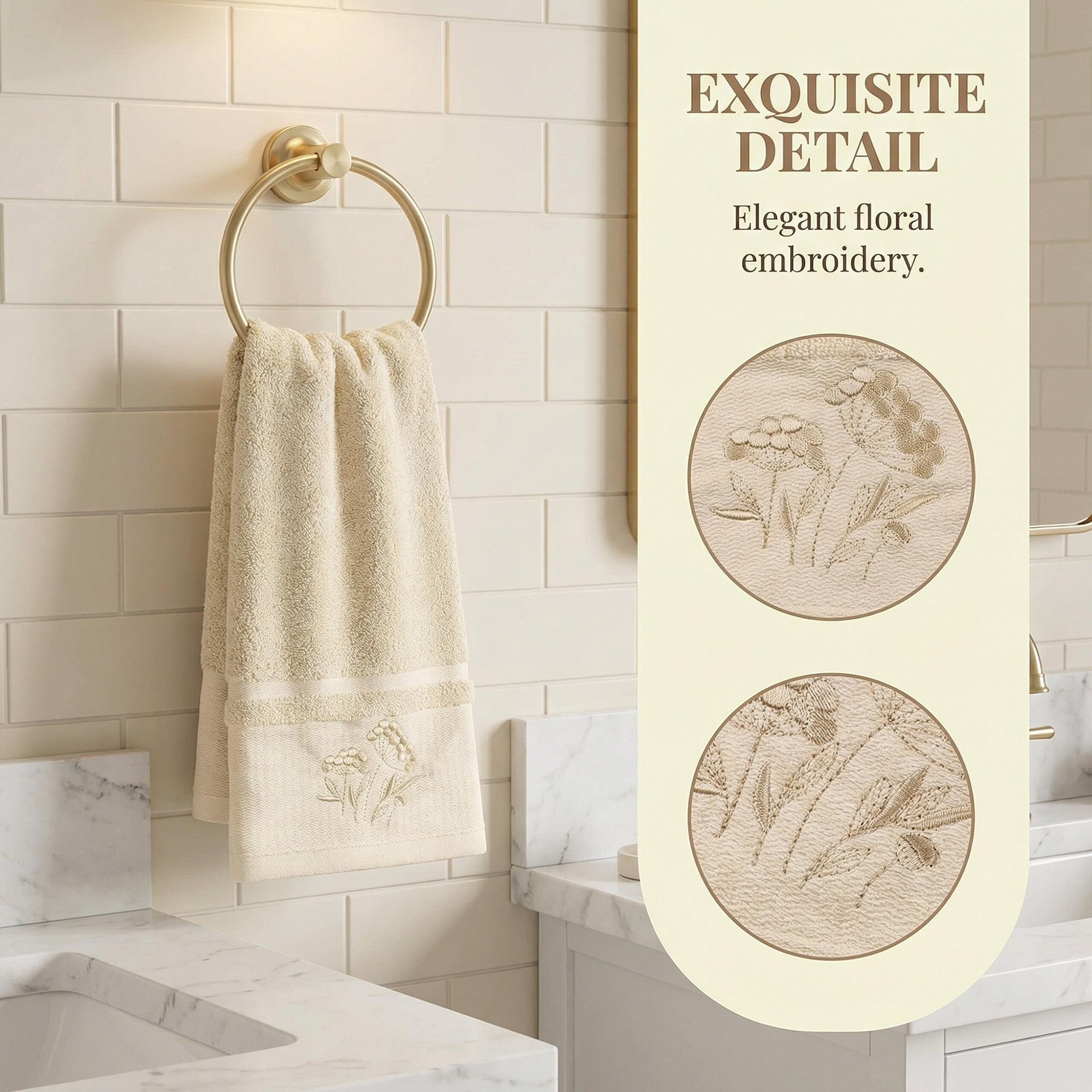 Unique Bargains Floral Embroidered Soft Hand Towel Set Light Brown 4pk