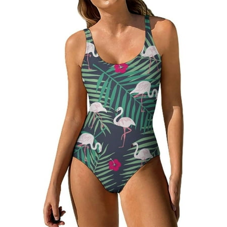 Tropical Flamingo and Leaf Women s One Piece Swimsuit Tummy Control Bathing Suit Backless Swimwear