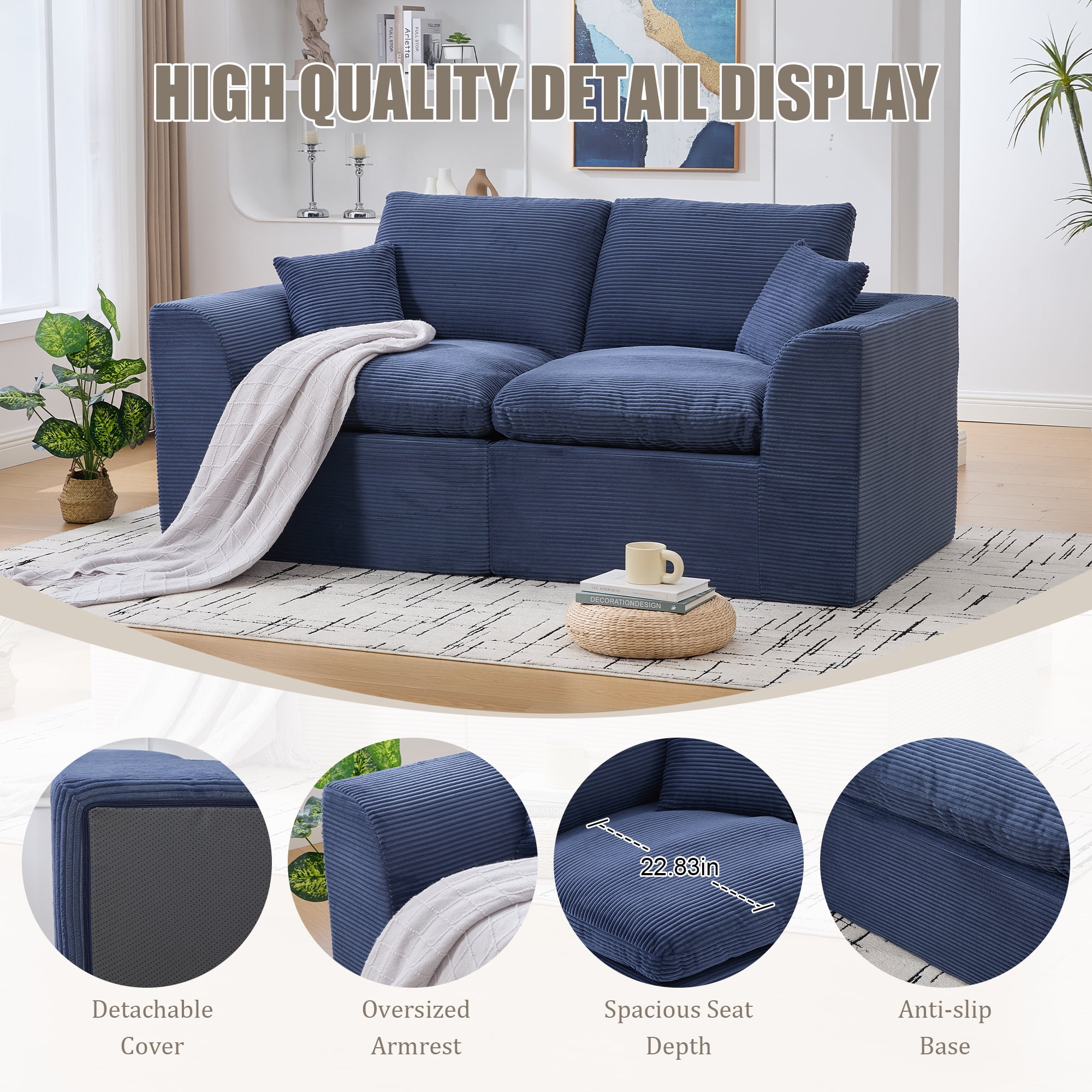 Leumius 80" Cloud Couch,Modern 2 Seater Sofa with Pillow,Upholstered Corduroy Fabric Modern Loveseat for Living Room Bedroom Apartments Dorms,No Assembly Required,Navy Blue