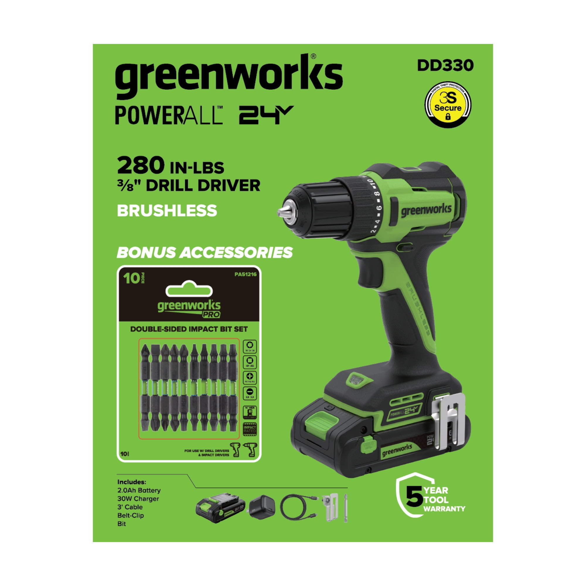 Greenworks 24V 3/8" 280 in-lb Drill, with 2 Ah USB-C Battery, Included 10 Pc Double Side Impact Bit Set, DD330A7