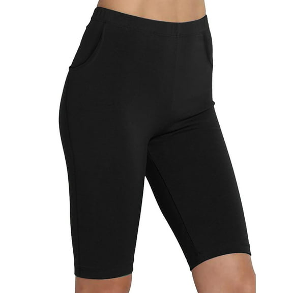JJHGVB Shorts for Women Yoga Shorts Women Sport Yoga Solid Mid Thigh Stretch Cotton High Waist Comfort Pocket Active Short Leggings High Waisted Pants Summer Pants Black L