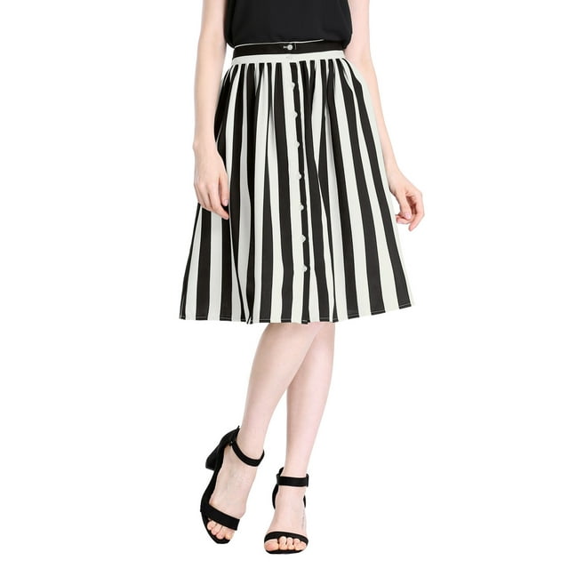 Unique Bargains Jupe Midi Trapèze à Rayures pour Femme, Boutonnée devant, Dos Élastique, Blanc Noir 2TG