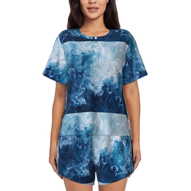 Fotbe Abstract Ocean Waves Conjunto de Pijama Estampado para Mujer, 2 Piezas, Ropa de Dormir con Camiseta de Manga Corta y Shorts Suaves-4X-Large