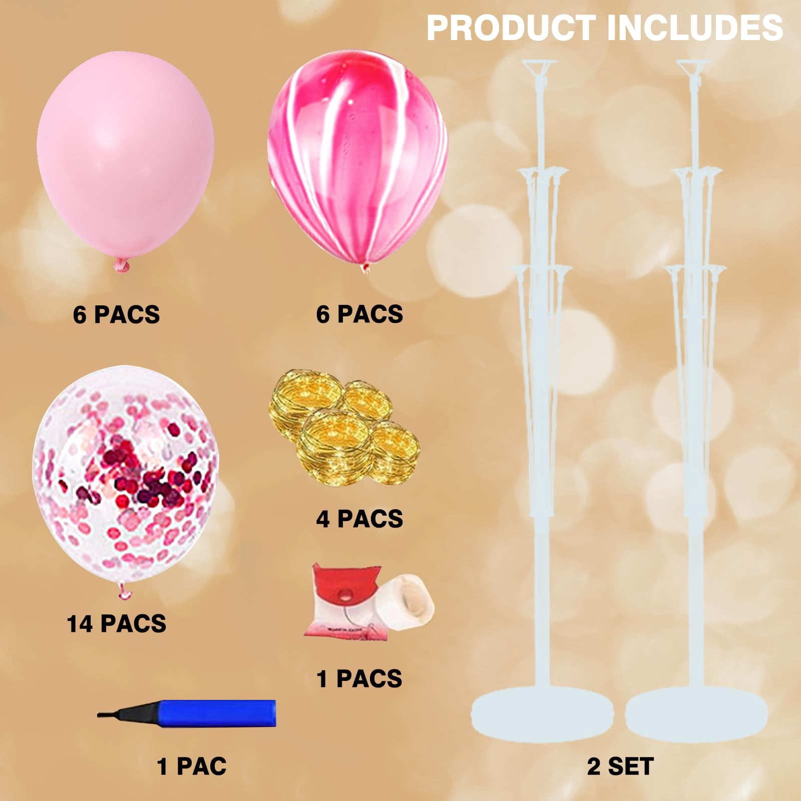 Balloon Arch Stand Kit with Base and String Lights, 2 Sets for Floor Party Decorations