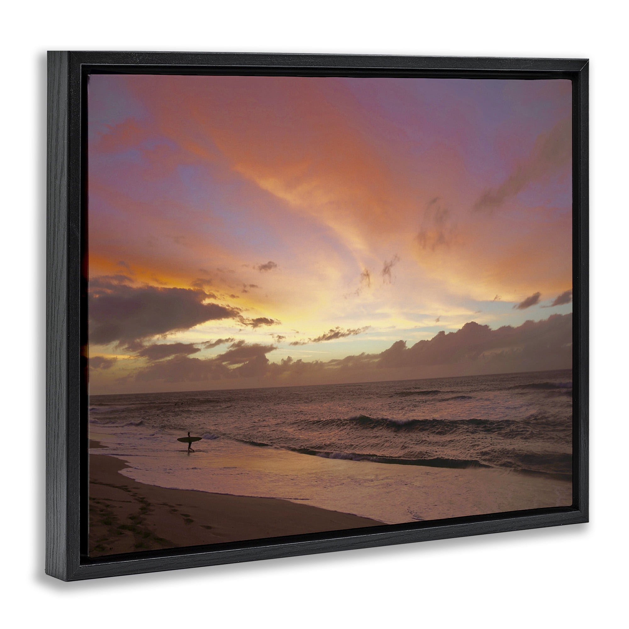 Stupell Industries Surfing Beach Waves at Sunset Nature Photography Black Floater Framed Canvas Art Print Wall Art, 21 x 17