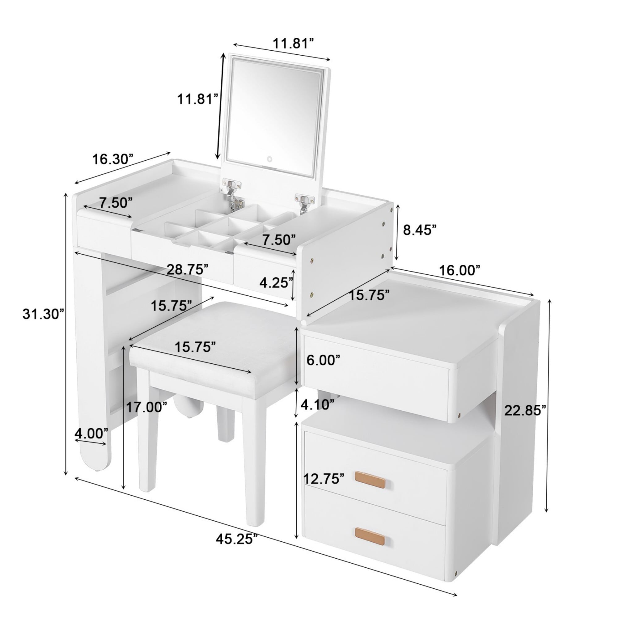 AENKYO Makeup Vanity Desk with LED Lights, Flip Mirror & Stool, 3-in-1 Dressing Table with Adjustable Cabinet, Walnut