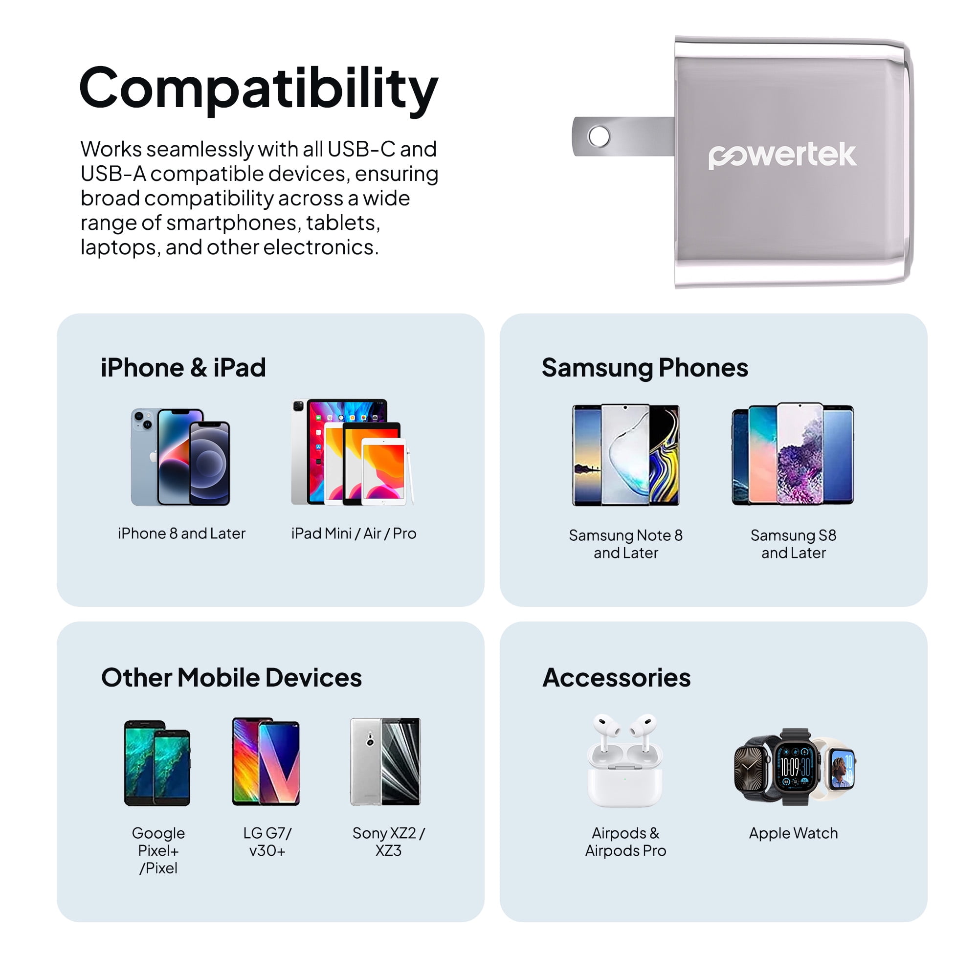 Powertek Luxe 20W USB-C + 18W USB-A Fast Charging Dual Port Block, Silver, Compatible with iPhone, Android, Tablets & USB Devices, Compact Travel Adapter