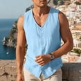 thumbnail image 5 of Men's V Neck Vest Cotton Linen Sleeveless Vest Button Up Sleeveless Tops Casual Layering Spring Summer Business Top Sky Blue M, 5 of 6