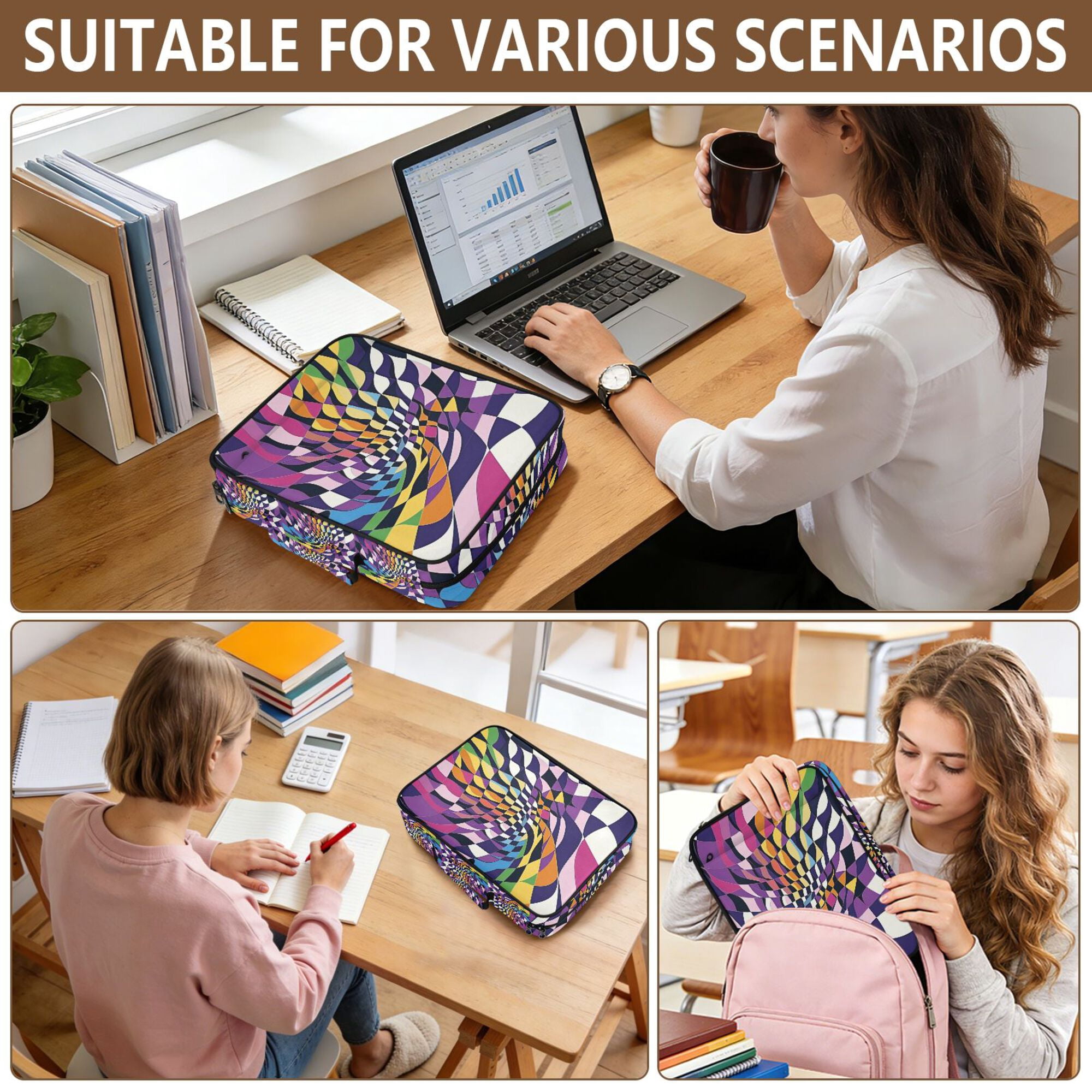 FORMRS Accordion File Folder A4 Size 7-Pocket Expanding Document Organizer Bag with 3 Ring Binder, Purple Wavy Plaid