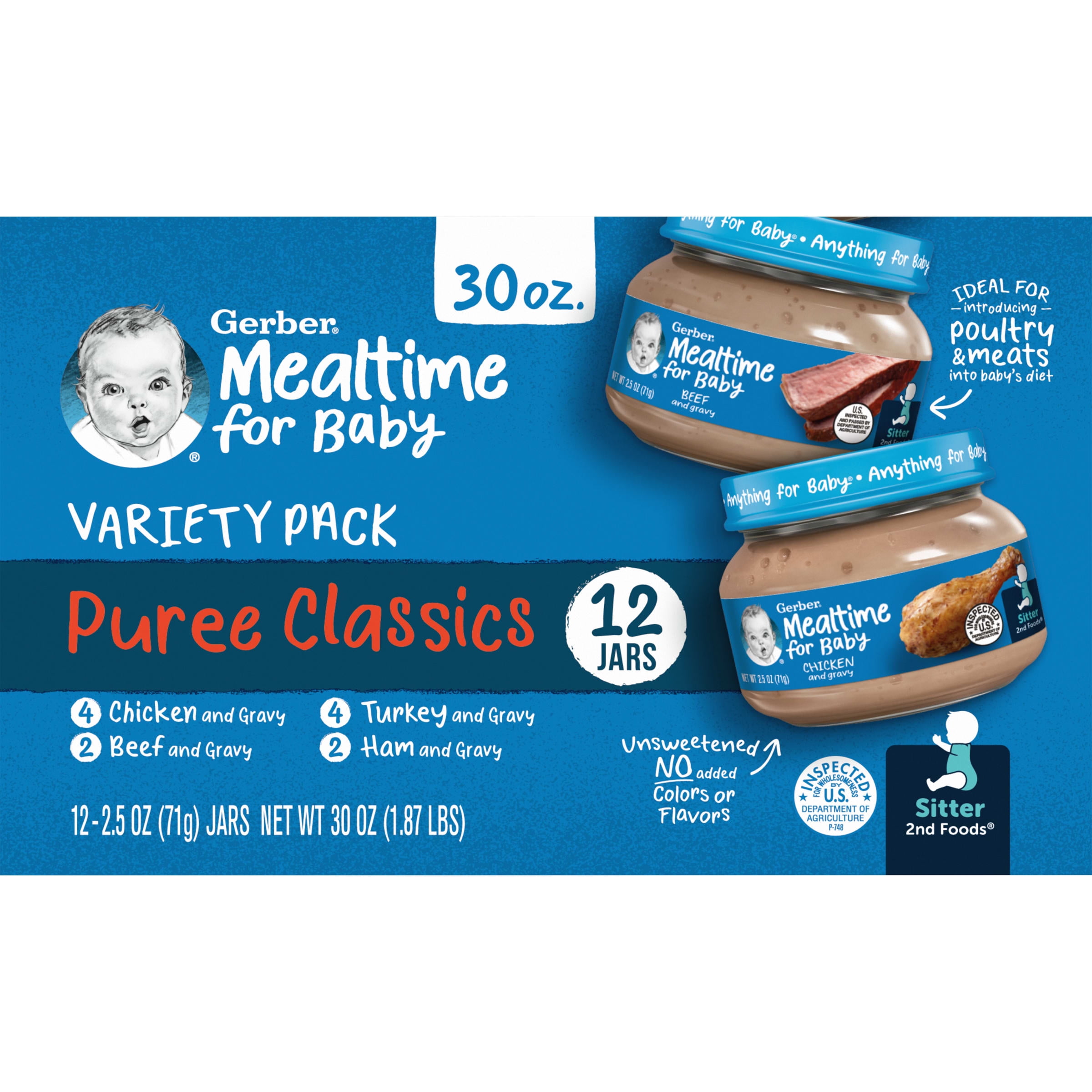 Gerber 2nd Foods Baby Food, Puree Classics,  Chicken and Gravy, Turkey and Gravy, Beef and Gravy, Ham and Gravy, Mealtime for Baby Variety Pack, 2.5 oz glass jar (Pack of 12)