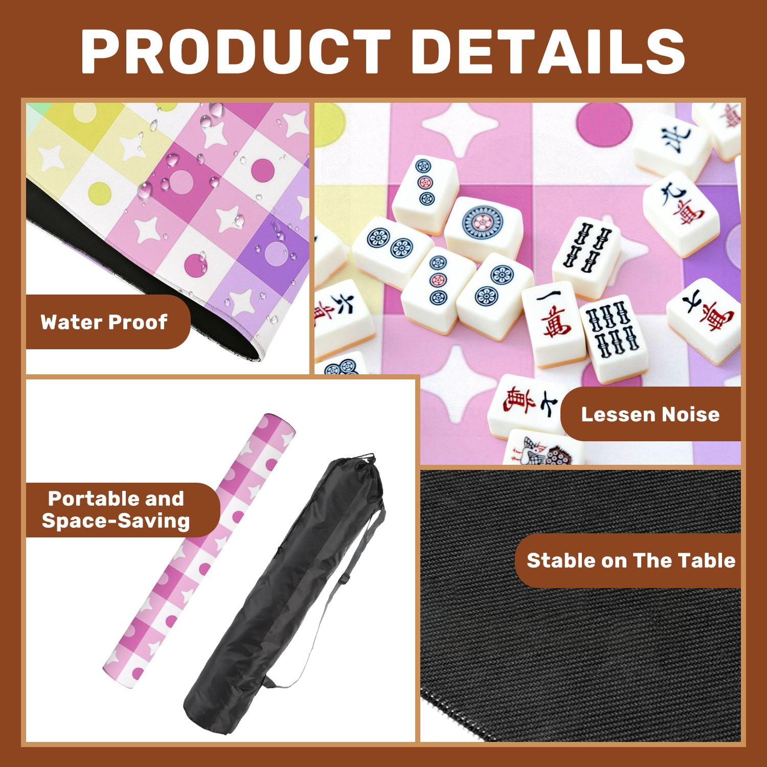 Mahjong Mat 31.5" x 31.5" Pastel Rainbow Stars Circles Design Non-Slip Noise Reduction American Mahjong Tiles Table Cover for Dominoes Poker Card Board Games Gift