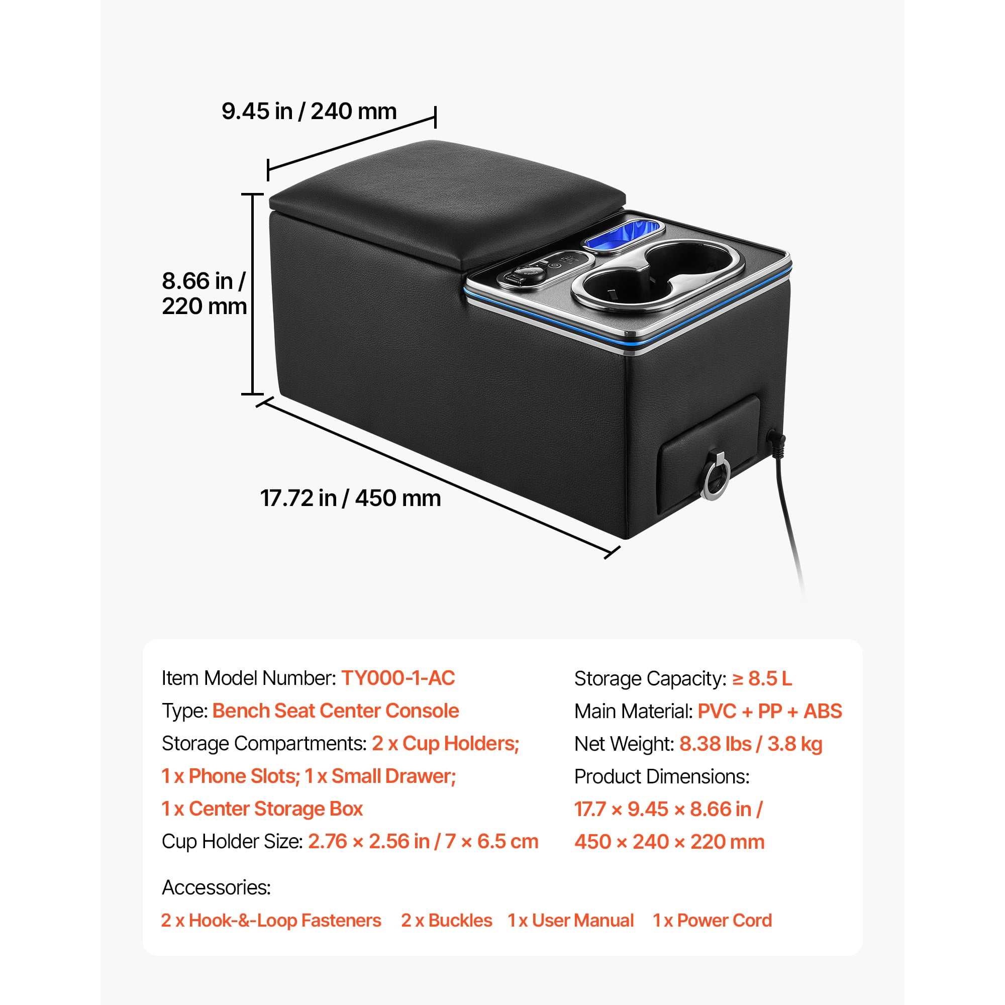 KFFKFF Universal Rear Bench Seat Center Console with Multi-Color Ambient Lighting, USB/Type-C/Cigarette Lighter Charging Ports, Back Seat Organizer with Cup and Phone Holders for MPV, Sedan, SUV