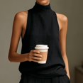 thumbnail image 3 of Morttic Women's Solid Color High Neck Halter Top & Pleated Wide Leg Pants Set – Sleeveless Business Casual & Everyday Outfit Black，S, 3 of 6
