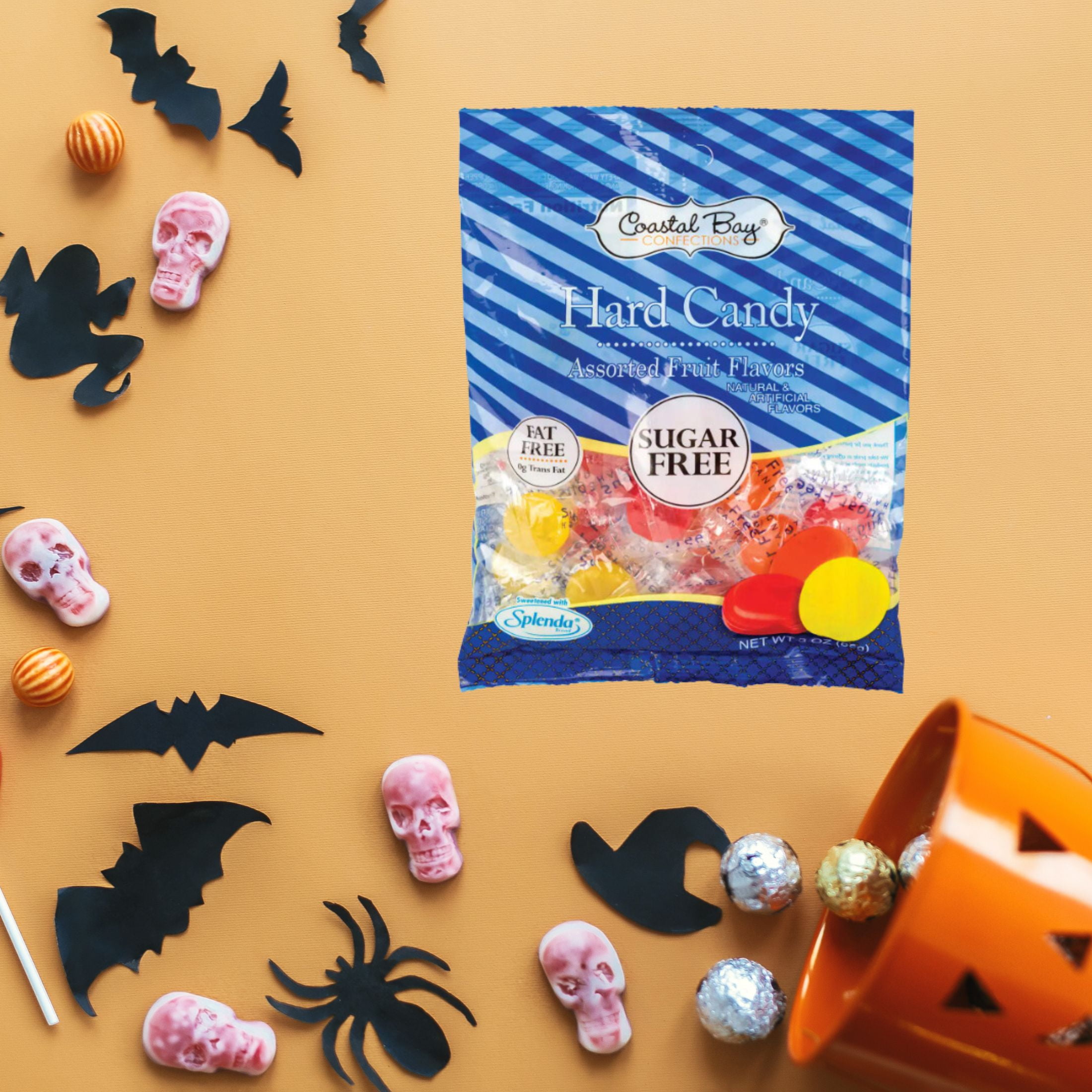 Coastal Bay Confections Sugar-Free Hard Candy Assorted Fruit Flavors 2.75Oz Gift Bags Party Basket Stocking Stuffer Candy Dishes Dessert Bars Individually Wrapped Halloween Event Party Pack of 4