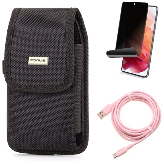 Case Belt Clip w Privacy Screen Protector w 10ft Long USB-C Cable for Samsung Galaxy S21 Plus - Rugged Holster, TPU Film Fingerprint Works, Pink Charger Cord Accessory Bundle