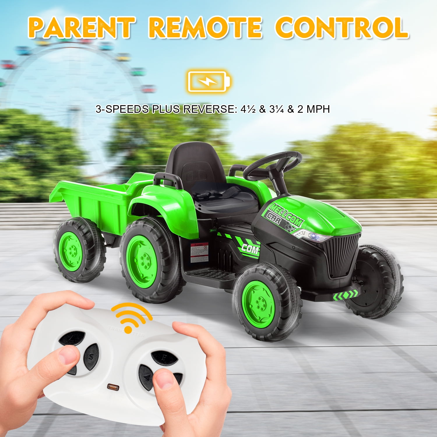 Erommy Kids Ride on Tractor with Remote Control, 12V Battery Powered Electric Tractor with 30W Dual Motors/Cool Lights/Bluetooth Music for Kids, Green