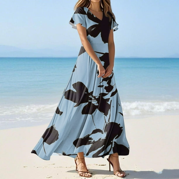 WILLBEST Vestido Casual De Verano Para Mujer, Vestido Vintage De Longitud Media Con Estampado Floral, Manga Corta, Cuello En V, Primavera 738