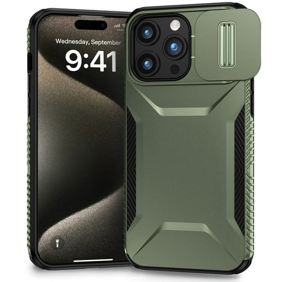 for iPhone 14 Pro Case with Sliding Camera Lens Cover, Shockproof Rugged Hard PC Back & TPU Edge Military Grade Dual-Layers Protection Non-Slip Phone Case for iPhone 14 Pro, Darkgreen